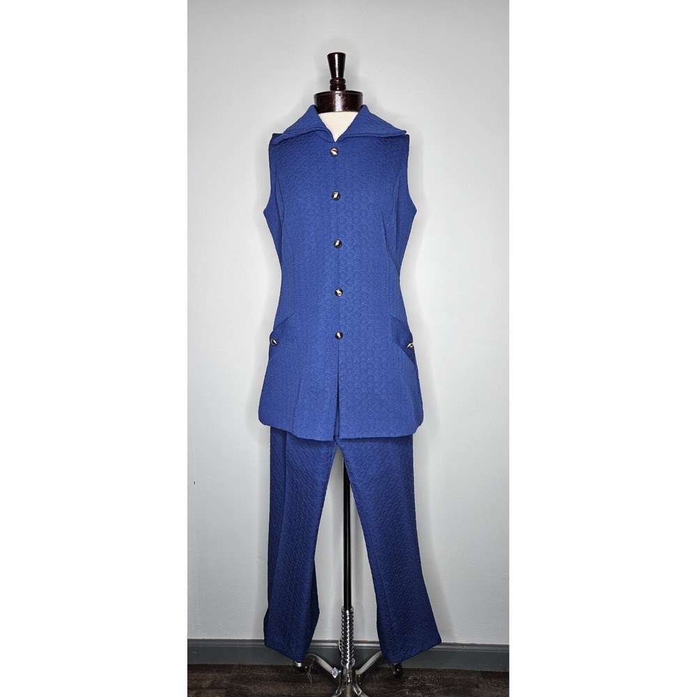 VTG 1970s Fire Islander Navy Blue Embossed Polyester Sleeveless Pant Suit S/M